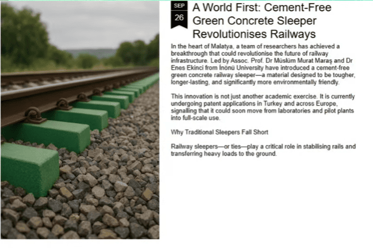 A WORLD FIRST: CEMENT-FREE GREEN CONCRETE SLEEPER REVOLUTIONISES RAILWAYS